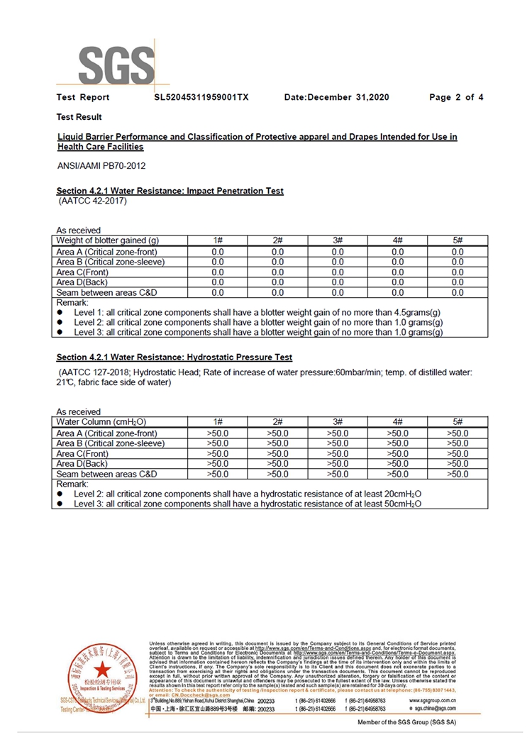 手术衣4级检测报告LEVEL 4 (2)